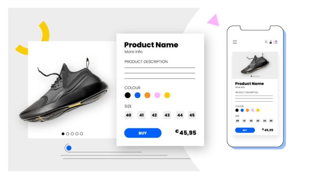 A stylish black sneaker displayed next to a product info panel, featuring color options, sizes, and a purchase button.