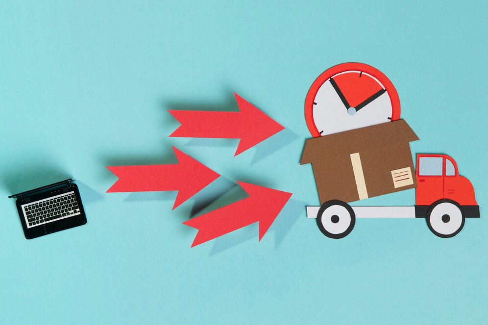 A paper truck carrying a box, with red arrows indicating speed and a clock, next to a small black laptop on a blue background.