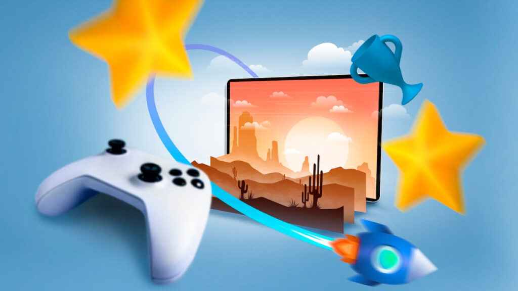 A gaming controller, trophy, star, and rocket surround a screen displaying a desert sunset, symbolizing vibrant gaming adventures.