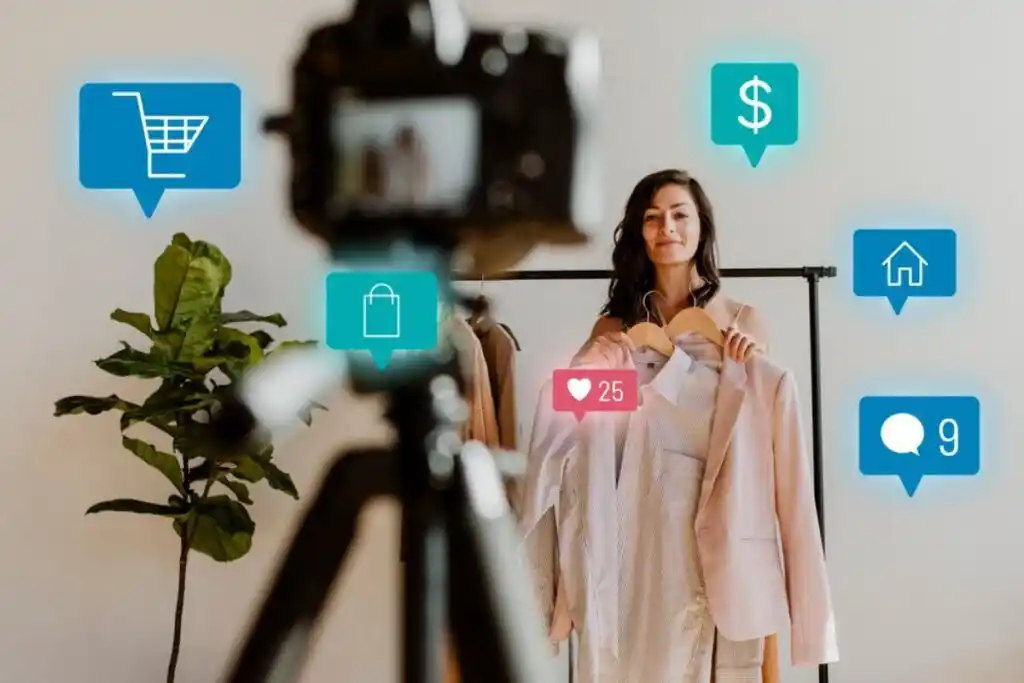 A person holds clothing in front of a camera, surrounded by social media icons indicating shopping and interaction.