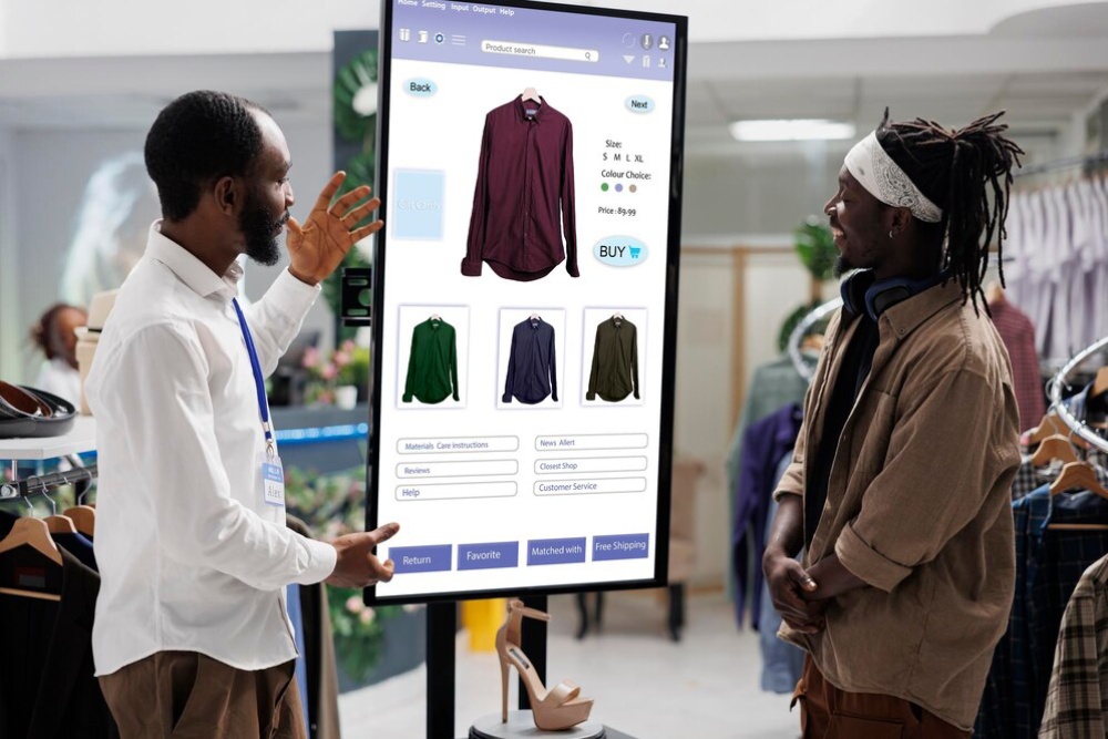  Two men in a clothing store, one showing the other options on a digital interactive display.