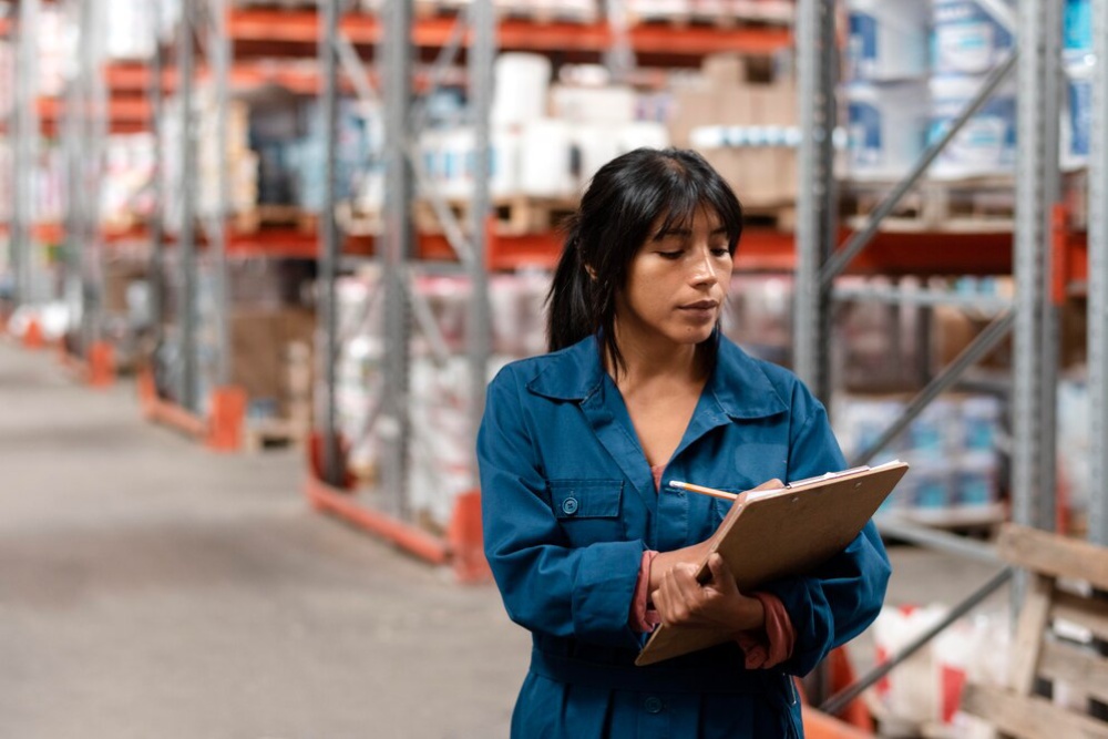  A woman in a blue work overalls reviews a clipboard in a warehouse with shelves of supplies in the background.